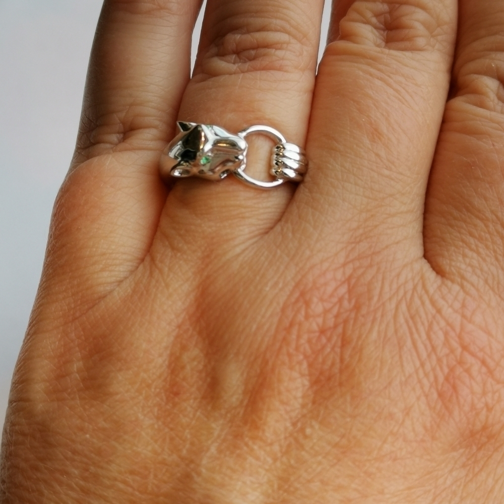 Panther sterling silver ring chrome diopside eyes size 7 - Picture 4 of 7